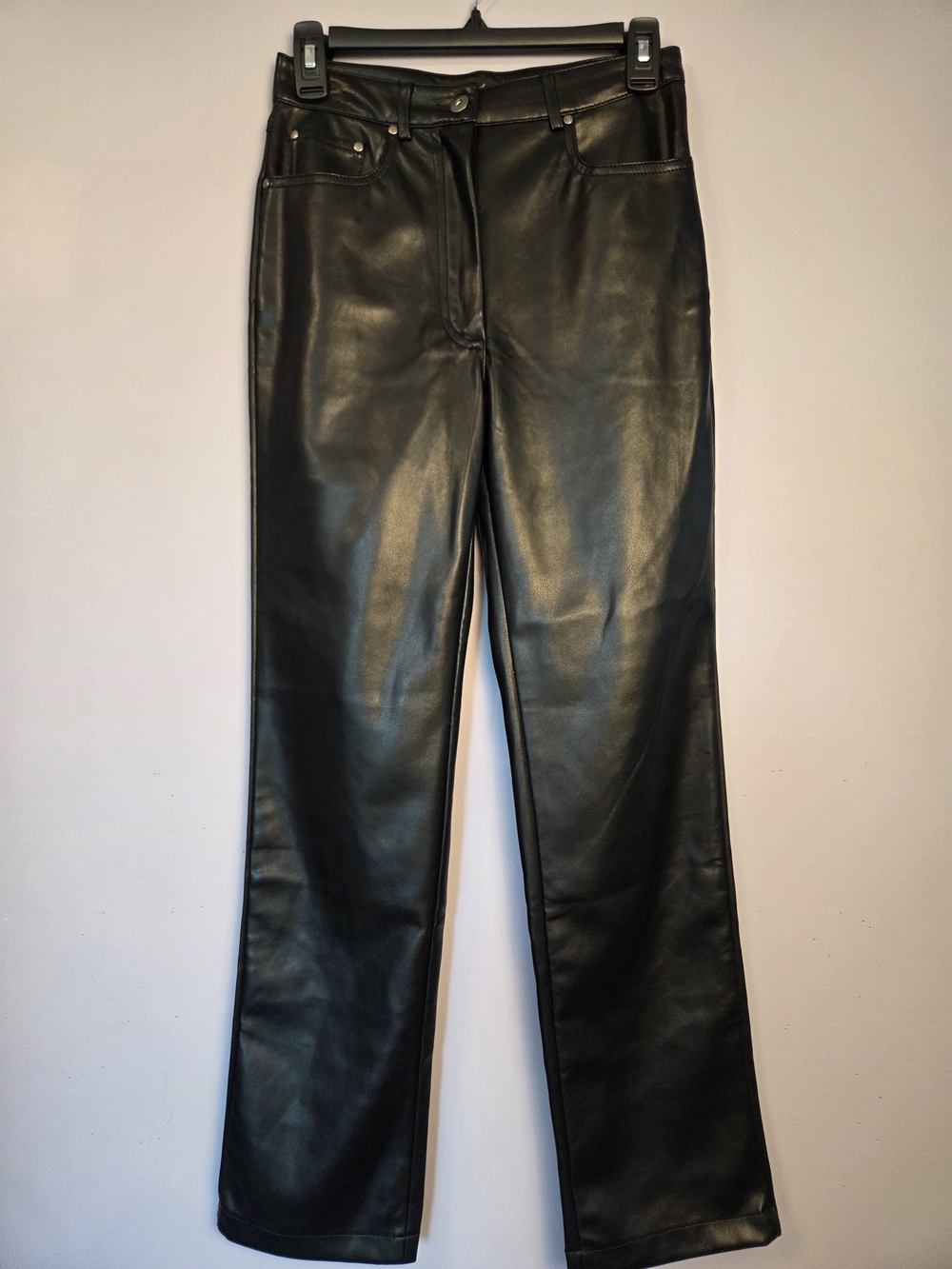 7 For All Mankind Black Faux Leather Flare Pants XS High Rise Waist Modern Edgy